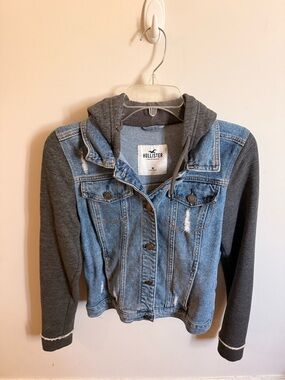 Hollister Blue Denim Jacket with Charcoal Hood and Sleeves